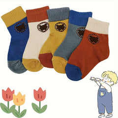 5 Pairs Cartoon Bear Pattern Crew Socks for Boys - Breathable Casual Style