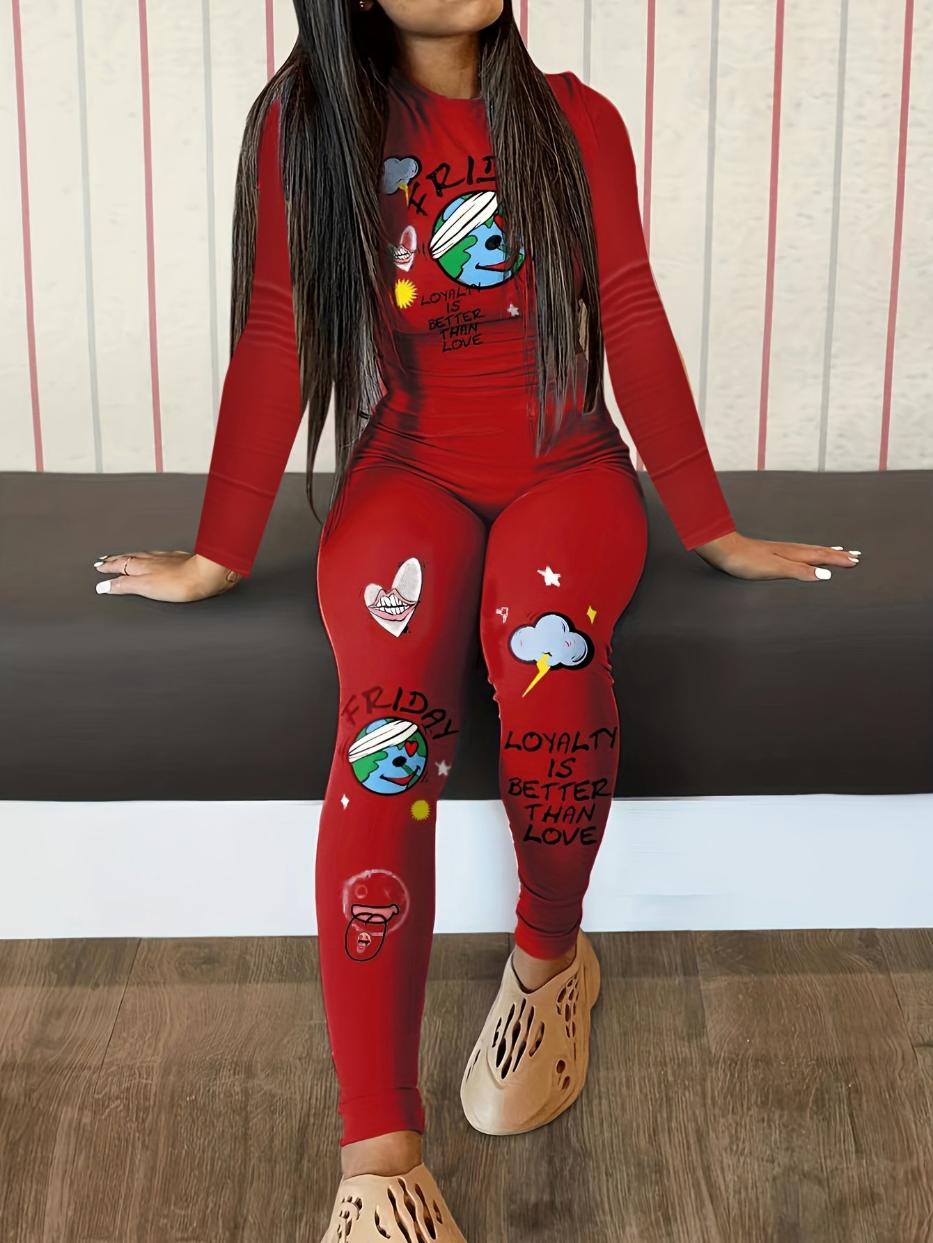 Graffiti Print Casual Two-piece Set Long Sleeve Tops & High Waist Pants