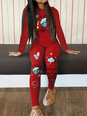 Graffiti Print Casual Two-piece Set Long Sleeve Tops & High Waist Pants