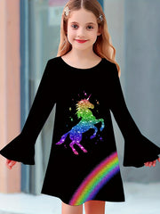 Sequin Print Unicorn Graphic Long Sleeve Dress Girls Dreamy Dresses