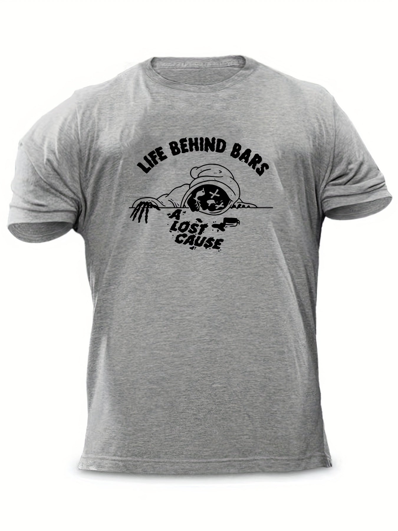 Men's Life Behind Bars Letter Print T-shirt - Casual, Stretch, Breathable Tee