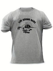 Men's Life Behind Bars Letter Print T-shirt - Casual, Stretch, Breathable Tee
