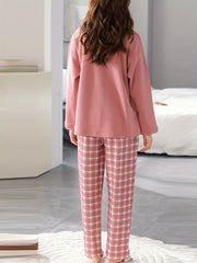 Letter Print Pajama Set Crew Neck Top & Plaid Pants Sleepwear