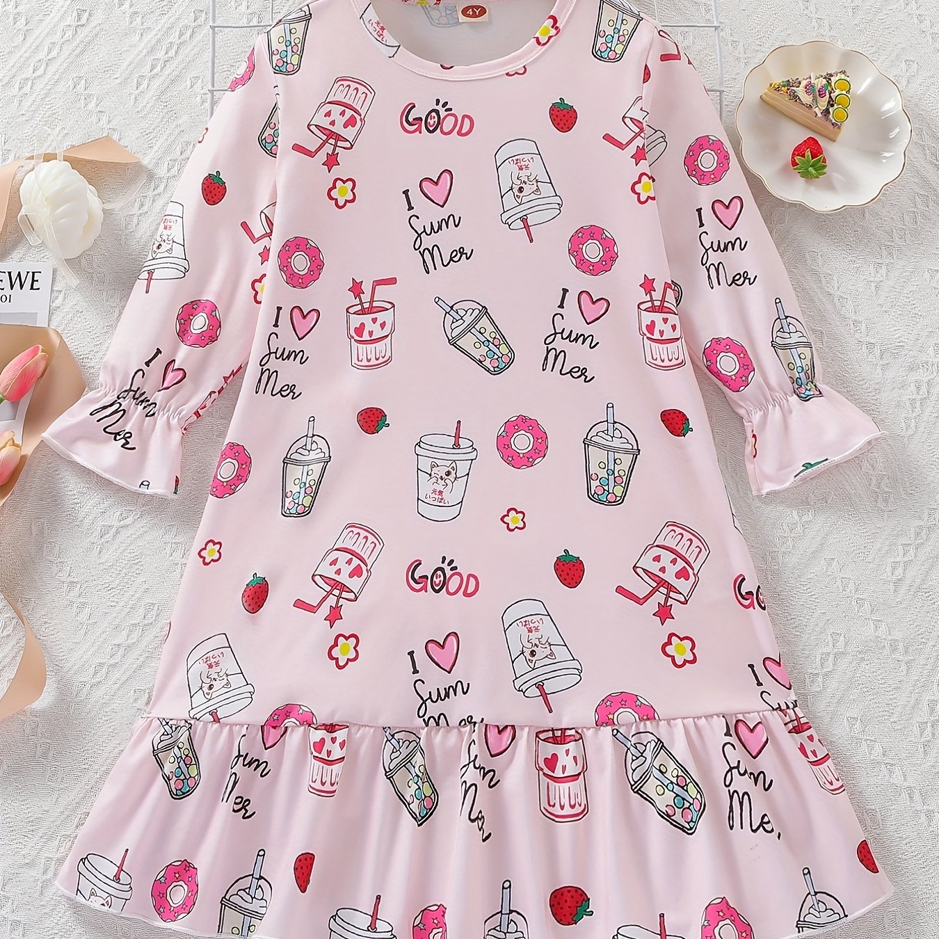 Girl's Long Sleeve Nightgown Cartoon Drinks Print PJ Comfy Soft Nightdress