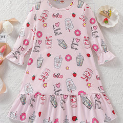 Girl's Long Sleeve Nightgown Cartoon Drinks Print PJ Comfy Soft Nightdress