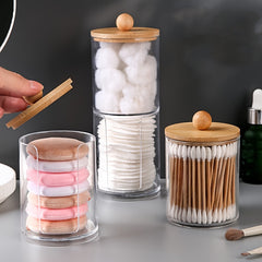 Cotton Swab Storage Box with Bamboo Cover Makeup Removal Container