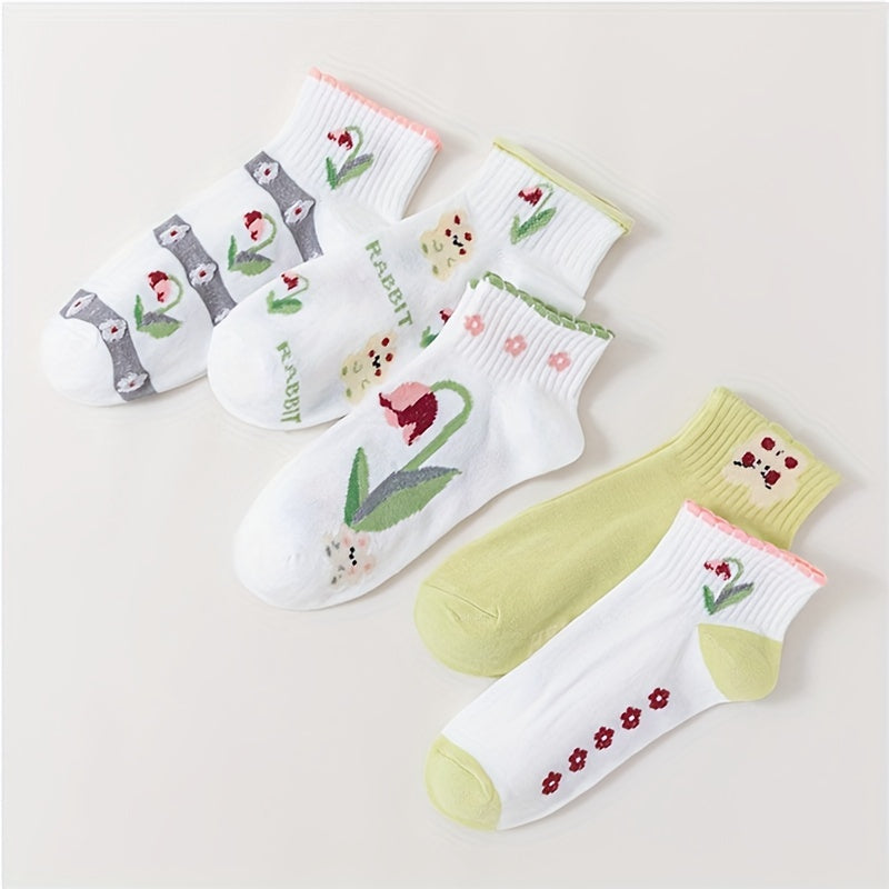 5 Pairs Floral Print Short Socks Women's Stockings