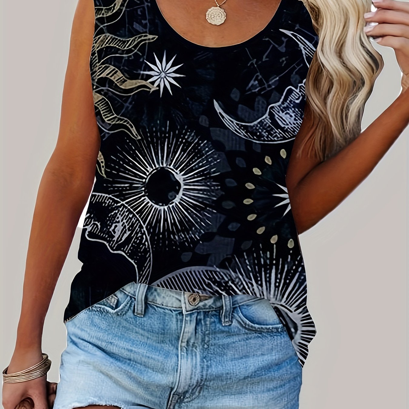 Sun & Moon Print Crew Neck Tank Top for Women