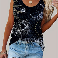 Sun & Moon Print Crew Neck Tank Top for Women