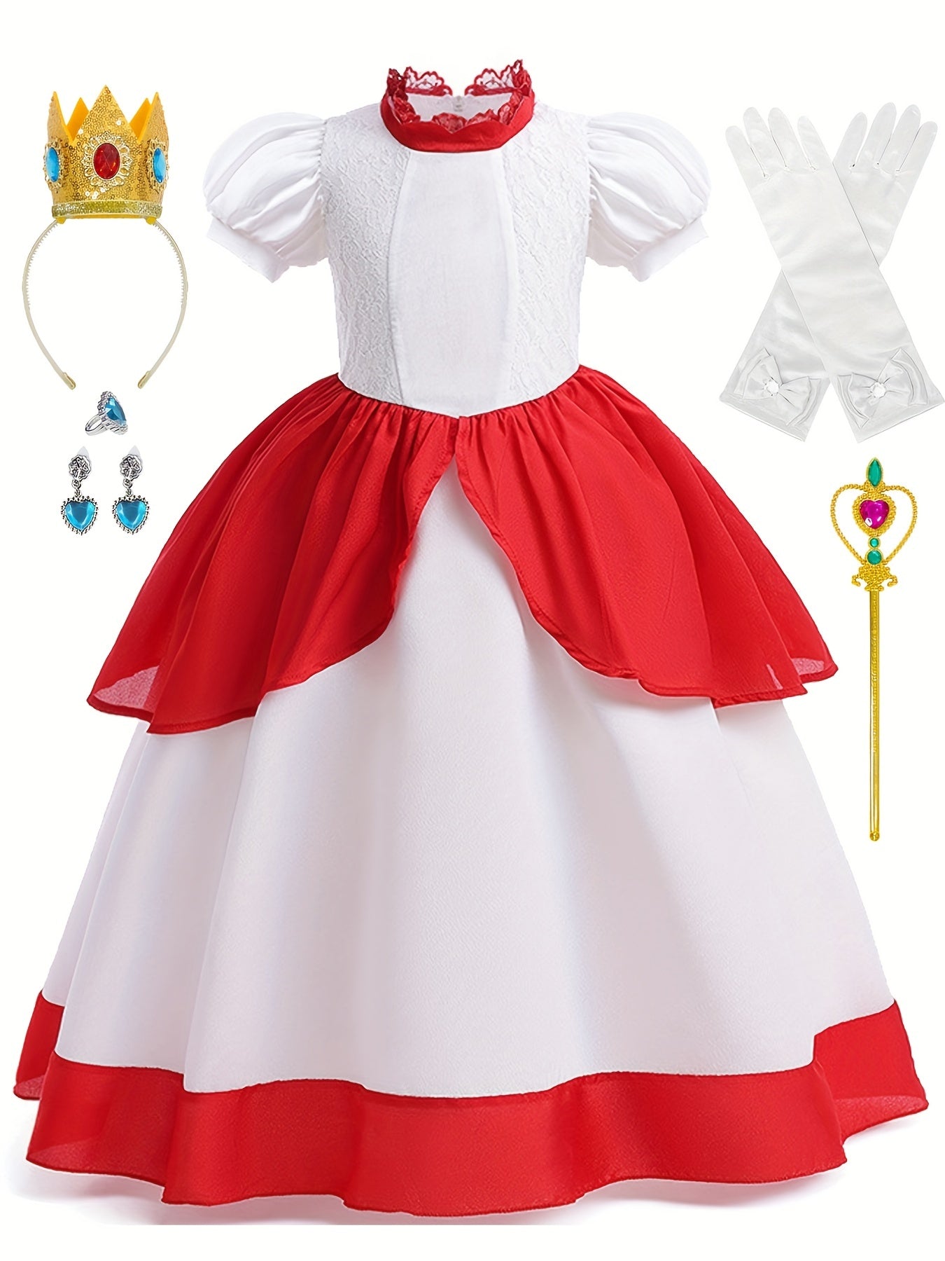 Girls Princess Dress Frill Neck Puff Sleeve Ruffle Skirt Lace Decoration