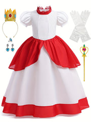 Girls Princess Dress Frill Neck Puff Sleeve Ruffle Skirt Lace Decoration