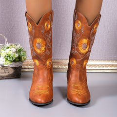 Sunflower Embroidered Western Boots V cut Slip On Retro Cowgirl Mid Calf