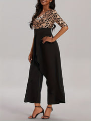 Floral Print Splicing Jumpsuit Casual 3 4 Sleeve Split Wide Leg Jumpsuit