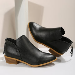 Chunky Heeled Ankle V Cut Boots Stacked Heeled Back Zipper Pointed Toe