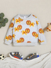 Lion Print Boys Sweatshirt Long Sleeve Crew Neck Tops