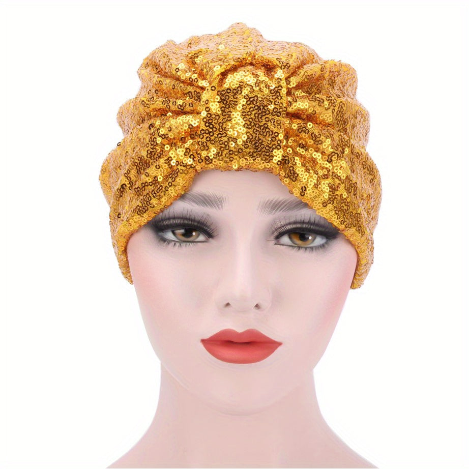 Sequin Bowknot Turban Cap Elastic Head Wrap Ramadan Head Scarf for Women
