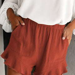 Boho Ruffle Trim Solid Shorts Casual Elastic Waist Summer Shorts With Pockets
