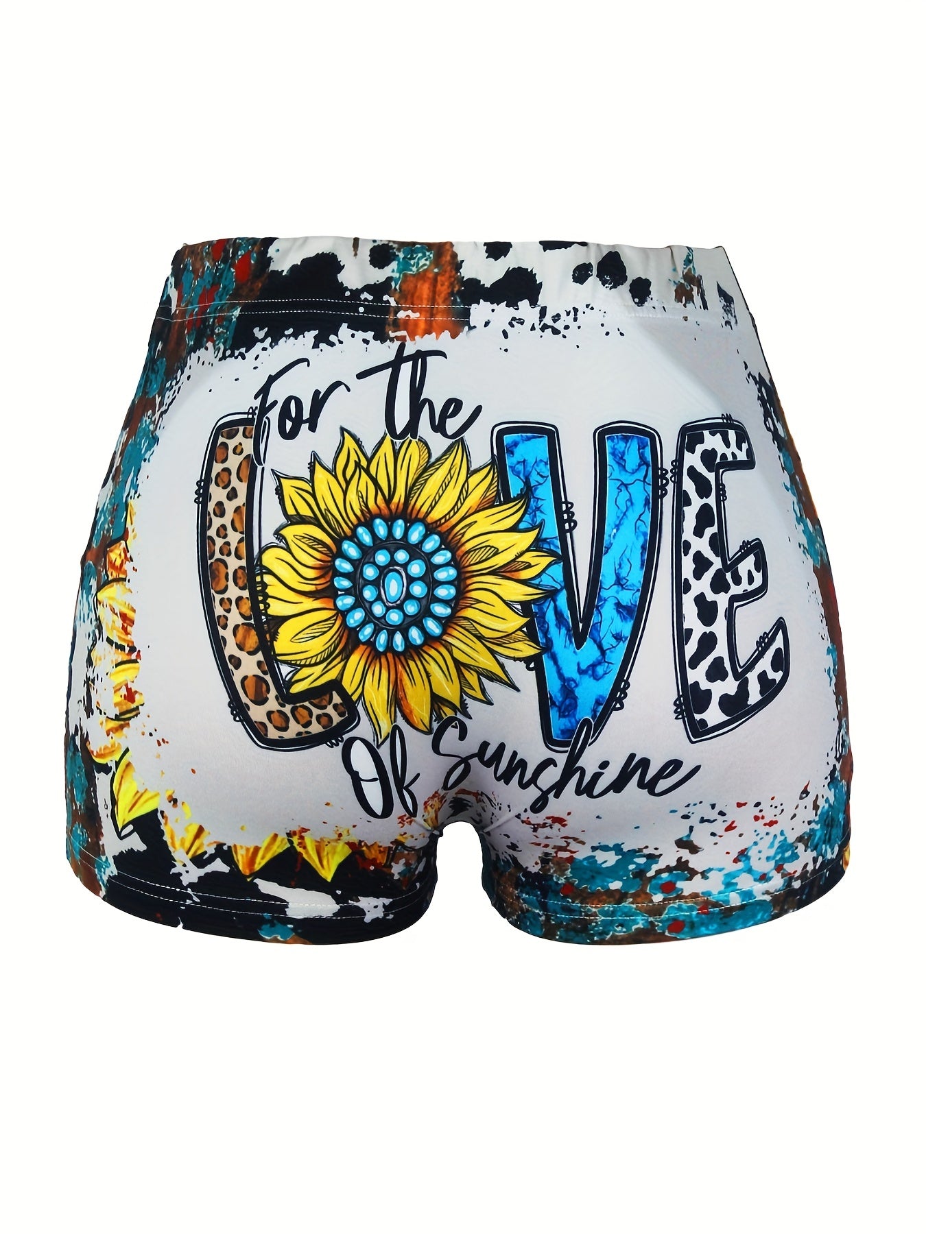 Women's Plus Sunflower & Art Letter Print Tie Dye Elastic High Rise Shorts