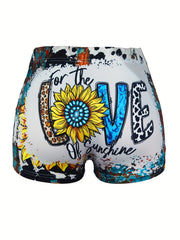 Women's Plus Sunflower & Art Letter Print Tie Dye Elastic High Rise Shorts