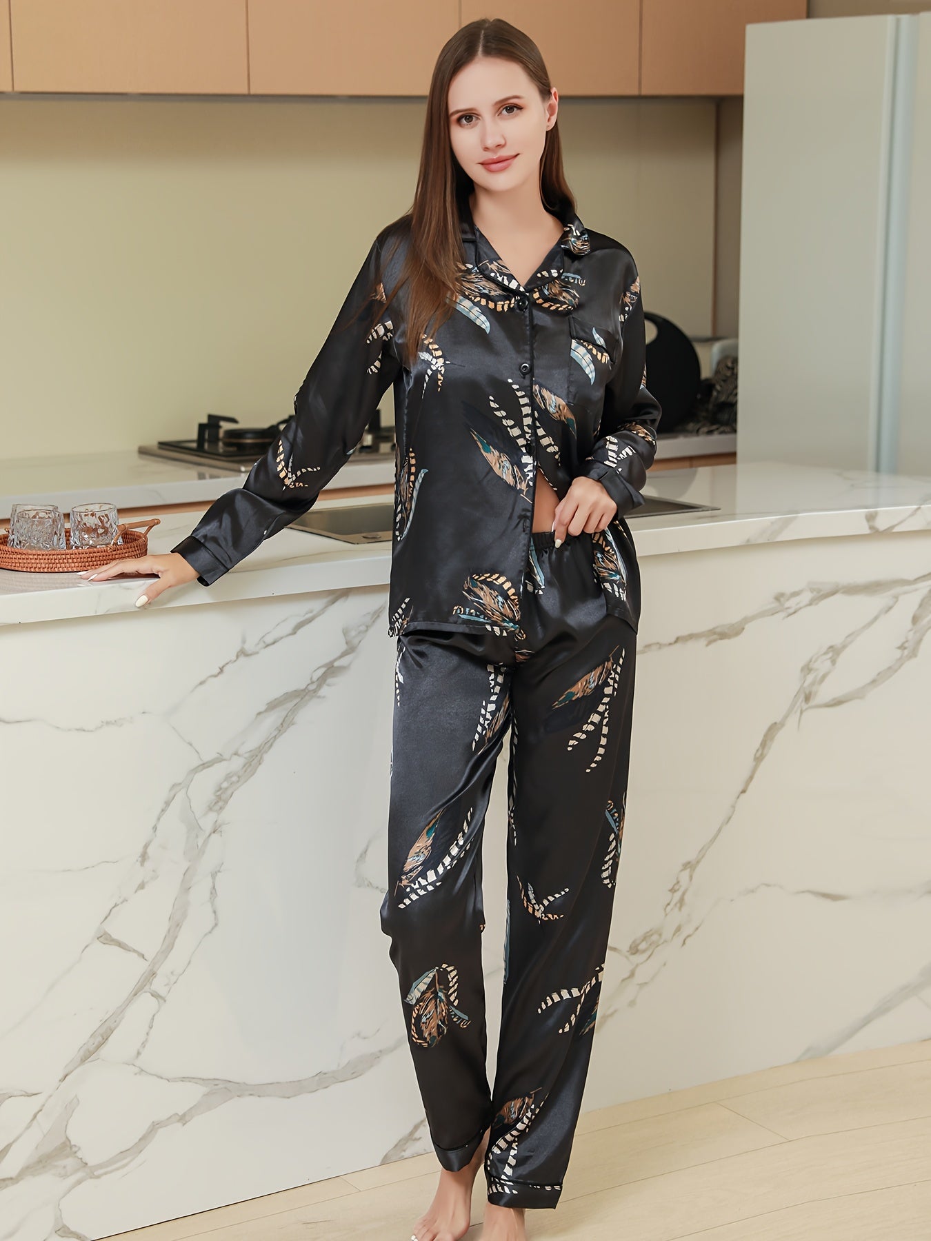 Satin Pajamas Set Long Sleeve Top & Elastic Waistband Pant