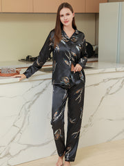 Satin Pajamas Set Long Sleeve Top & Elastic Waistband Pant