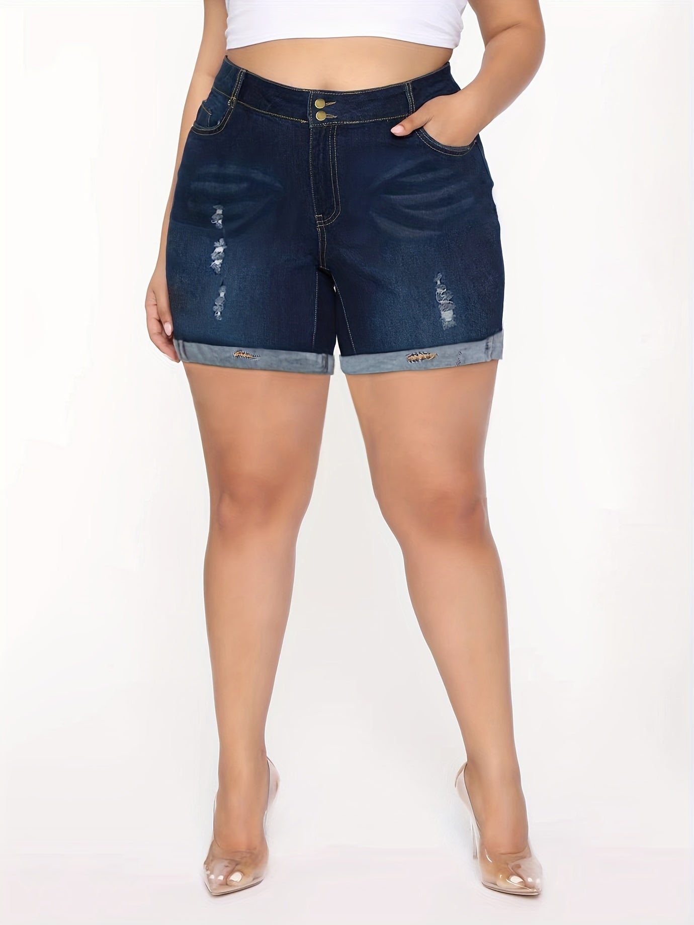 Ripped High Rise Denim Shorts
