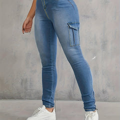 Cargo Pants Slim Fit Mid Stretch Side Zip Casual Skinny Jeans