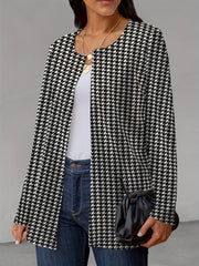 Houndstooth Print Open Front Jacket Long Sleeve Outerwear
