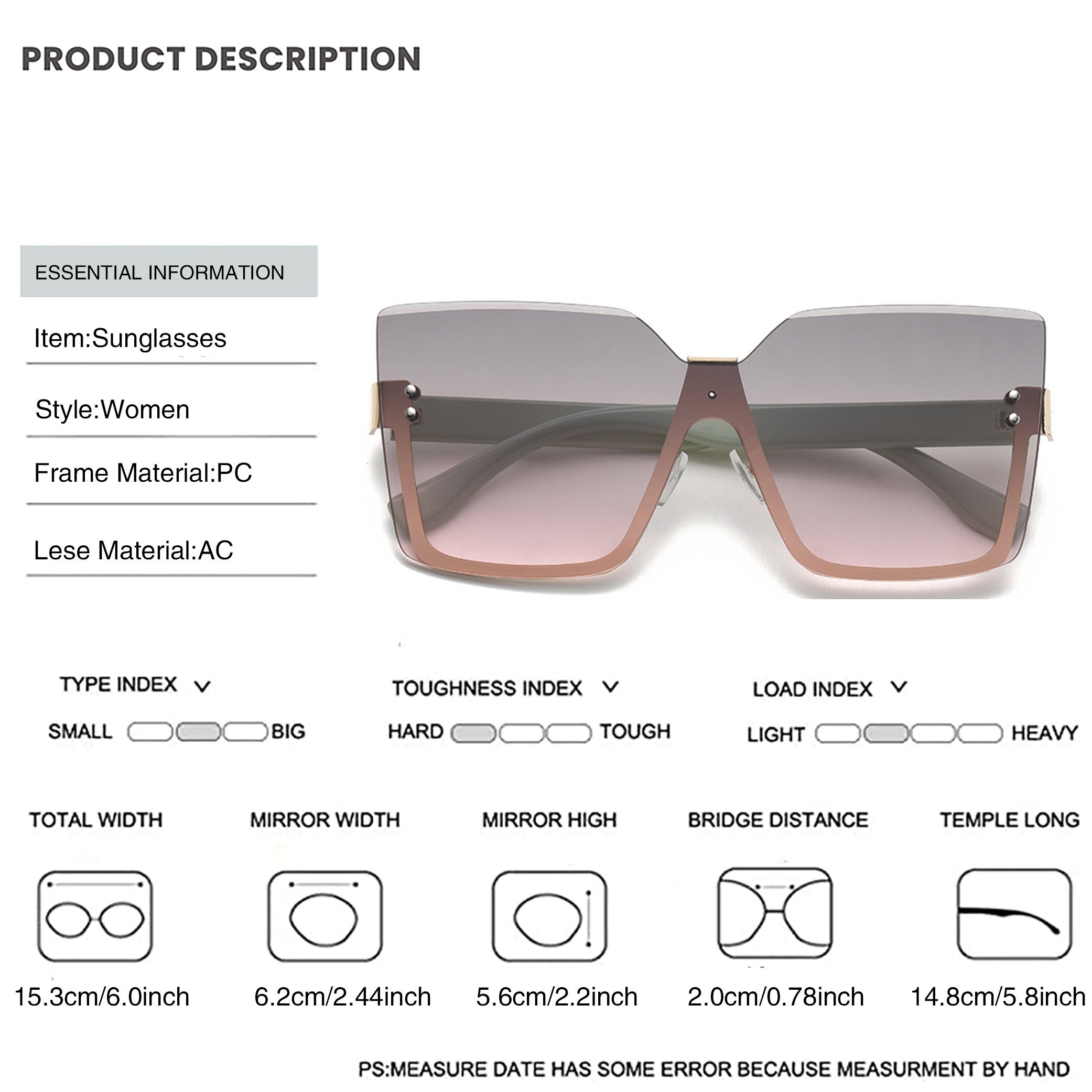 Oversized Rimless Sunglasses Casual Gradient Glasses UV400