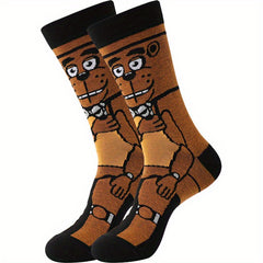 6 Pairs Boys Brown Cartoon Crew Socks Dog Pattern Mid Tub