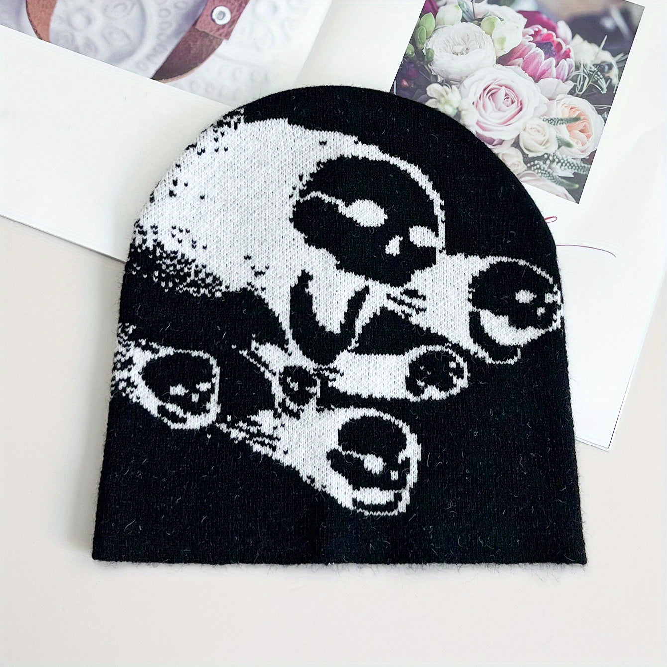 Skull Impact Jacquard Beanie Lightweight Elastic Soft Breathable Knit Hat