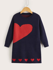 Toddler Girls Heart Pattern Sweater Dress Kids Spring Clothes