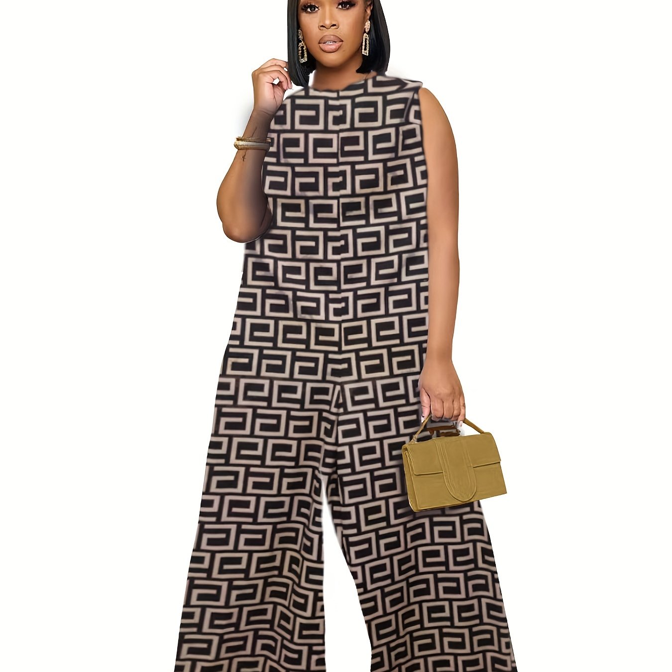 Geometric Print Sleeveless Jumpsuit Casual Wide Leg Jumpsuit
