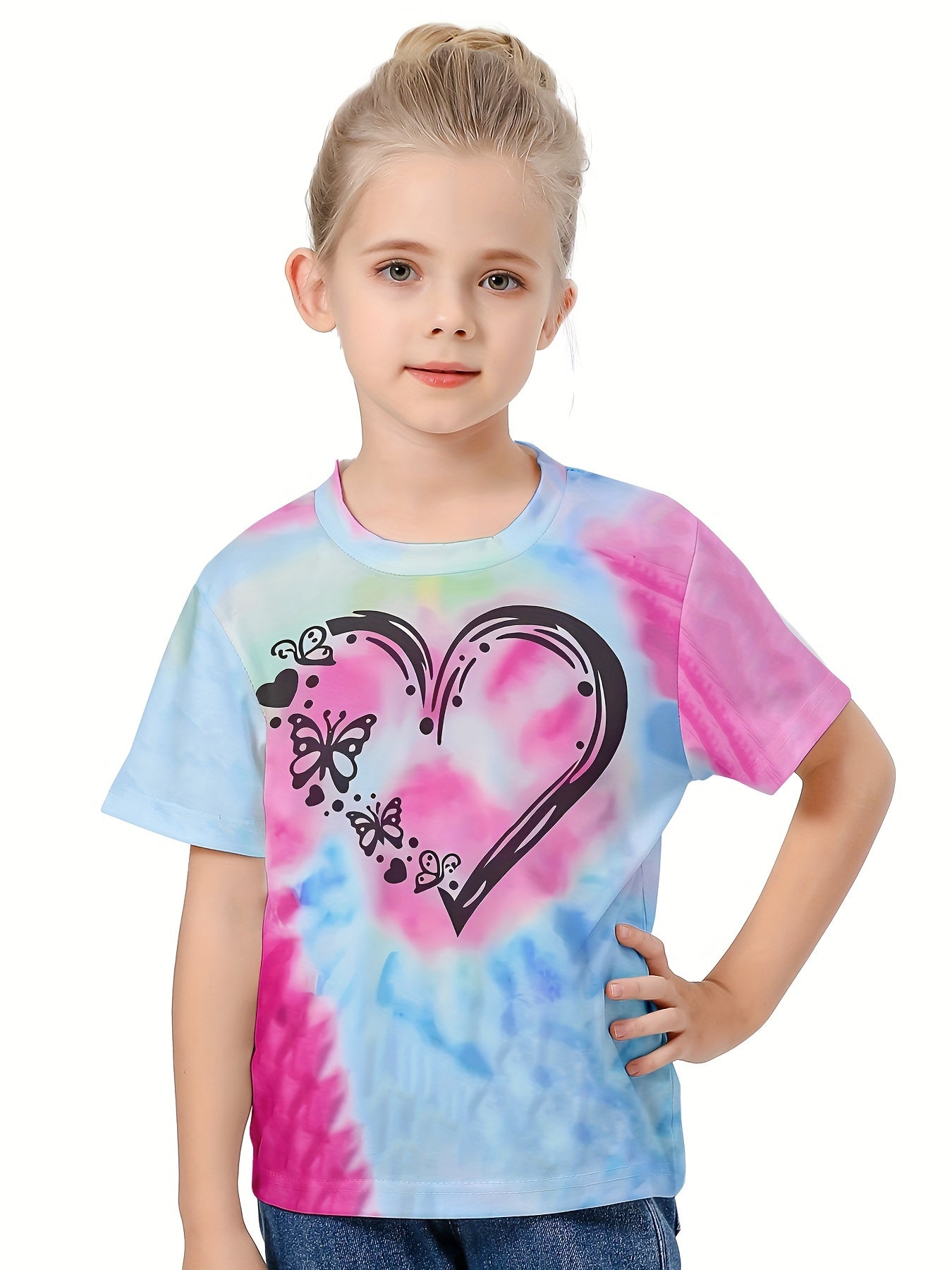 Casual Tie Dye Heart Print Short Sleeve T-shirt Girls Boys Summer Tees