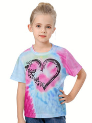 Casual Tie Dye Heart Print Short Sleeve T-shirt Girls Boys Summer Tees