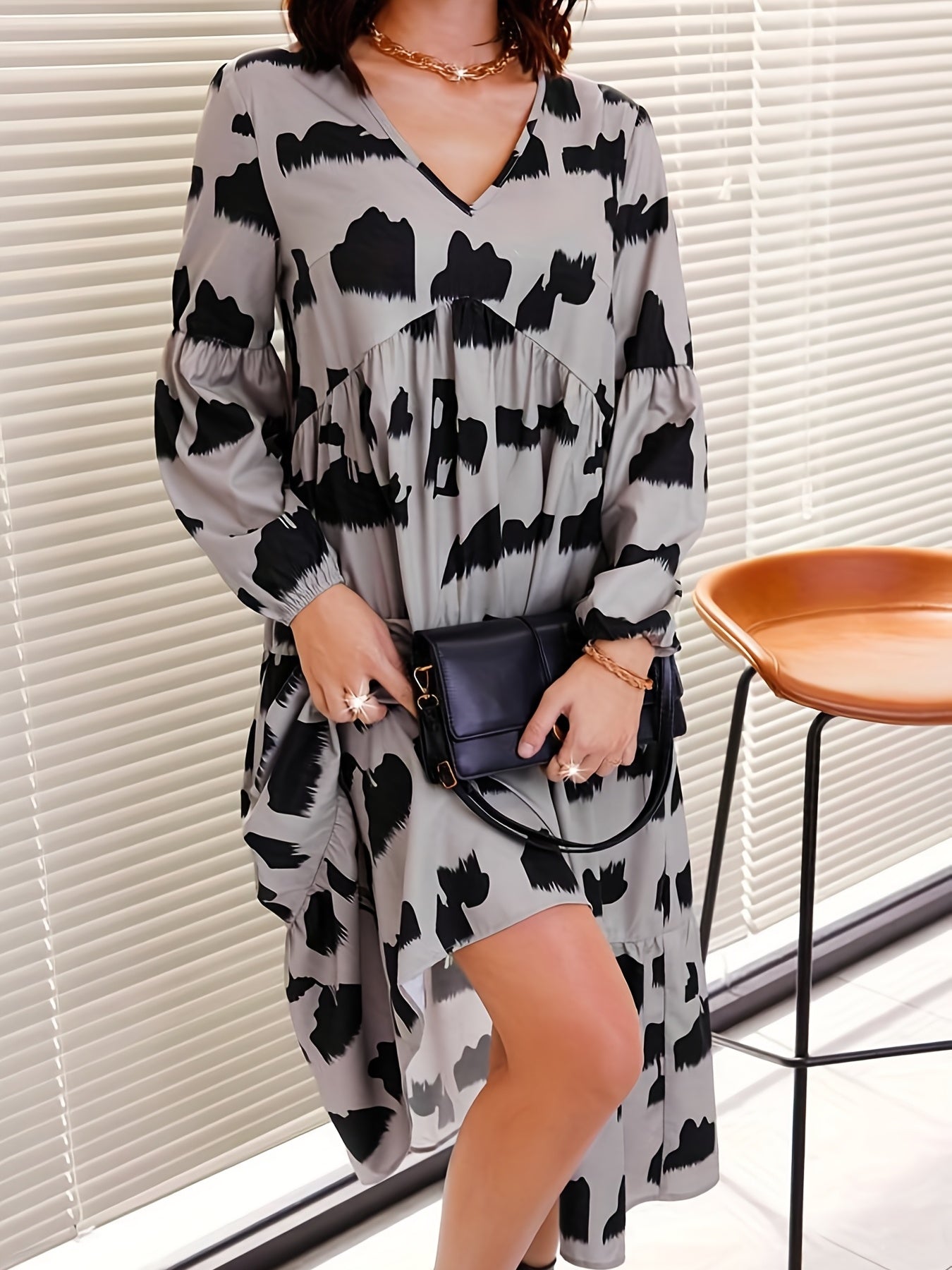 Tiered Allover Print Long Sleeve Midi Dress