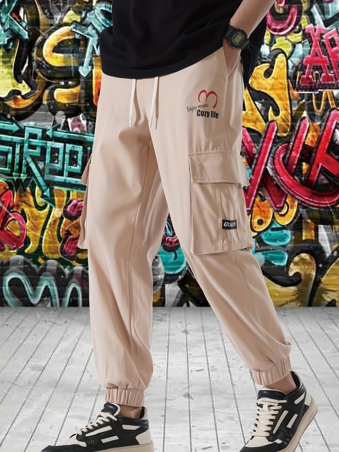 Cargo Pants Men Street Style Drawstring Tapered Pants