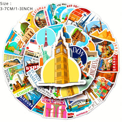 50 Cartoon City Landmark Stickers For Laptop Helmet Desktop Water Cup