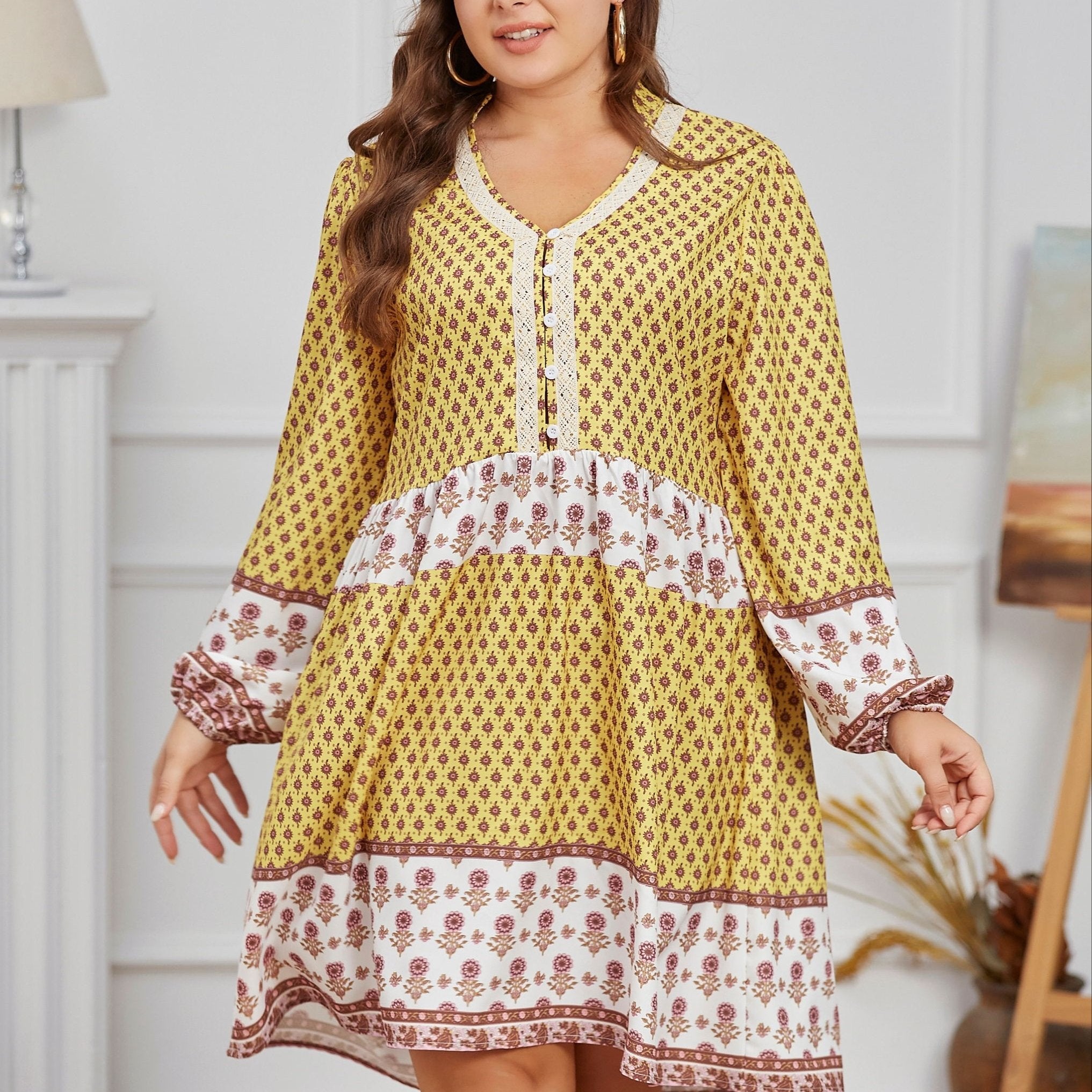Boho Dress Women's Plus Colorblock Floral Print Long Sleeve V Neck
