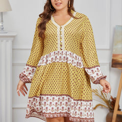 Boho Dress Women's Plus Colorblock Floral Print Long Sleeve V Neck