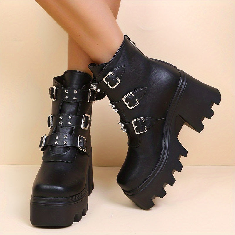 Stylish Rivets Combat Boots with Buckle Strap Chunky Heel Motorcycle Boots