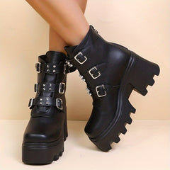Stylish Rivets Combat Boots with Buckle Strap Chunky Heel Motorcycle Boots