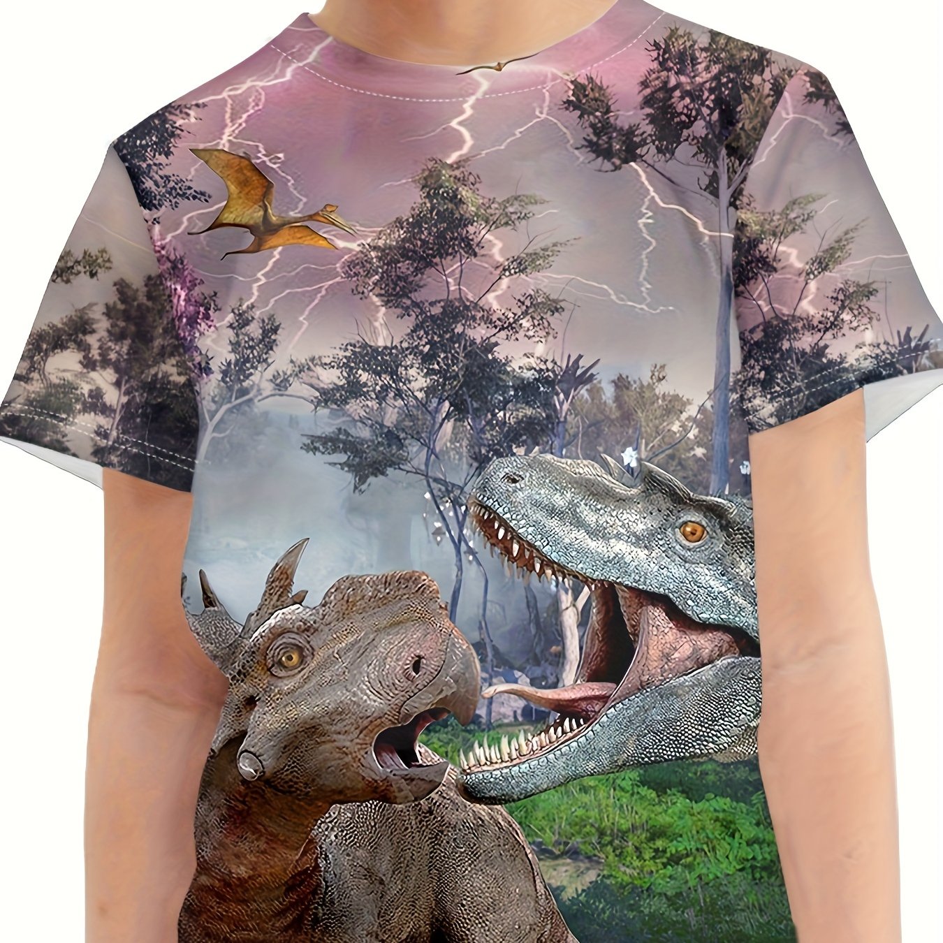Dino & Lightning 3D Print Boy's Tee Tops Short Sleeve Summer Clothes