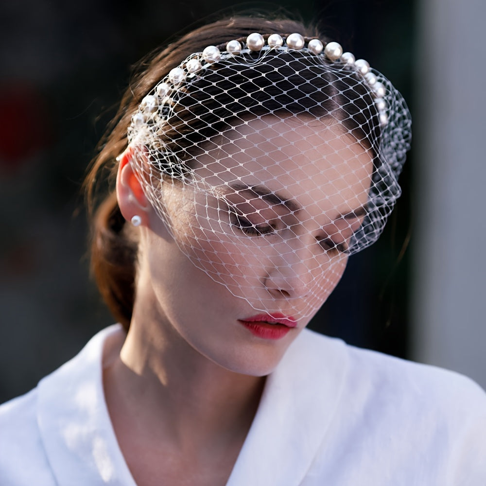 Bridal Veil & Faux Pearl Headband Diamond Grid for Weddings