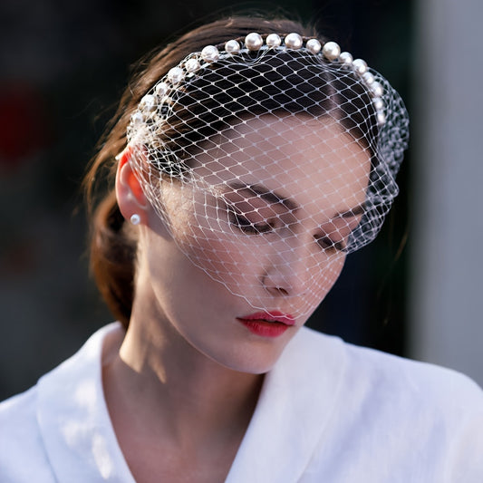 Bridal Veil & Faux Pearl Headband Diamond Grid for Weddings