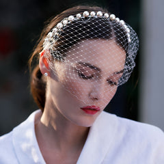 Bridal Veil & Faux Pearl Headband Diamond Grid for Weddings