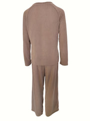 Ribbed Knit Lounge Set Solid Long Sleeve Top & Pants
