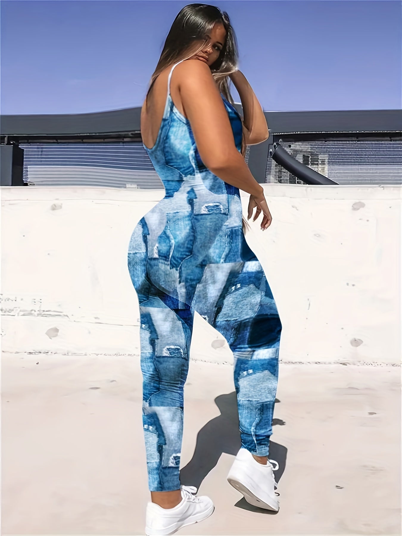 Sexy Denim Print Slim Fit Cami Jumpsuit