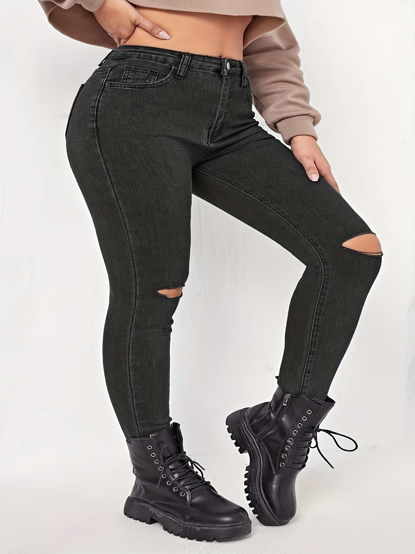 Ripped Skinny Jeans, Button Fly, Medium Stretch