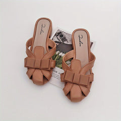 Women's Bowknot Flat Slides Closed Toe Slip On Shoes